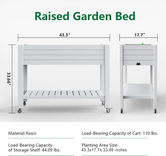 Elevated Horticulture Raised Garden Bed with Legs, Divisible Raised Resin Planter Box for Backyard, Patio, Balcony, with 4 Legs, 4 Swivel Lockable Wheels, and Storage Shelf,Ashen