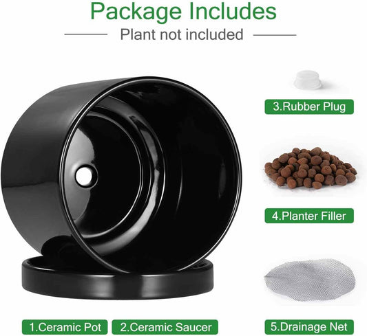 Aveyas 10 inch Ceramic Plant Pot with Drainage Hole and Saucer - Suitable for Indoor and Outdoor Use, Modern Planters for House Garden Flower Tree Snake Monstera Plants (10", Glossy Black)