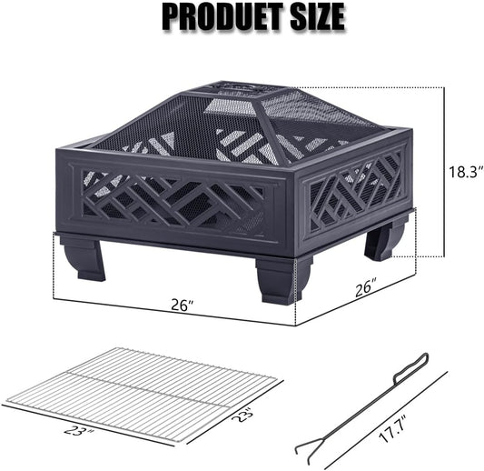Breezz Update Version 26 Inch Wood Burning Fire Pit with Cooking Grill and Spark Screen, Outdoor Metal Firepit for Patio, Backyard, Bonfire Party, Camping and Garden