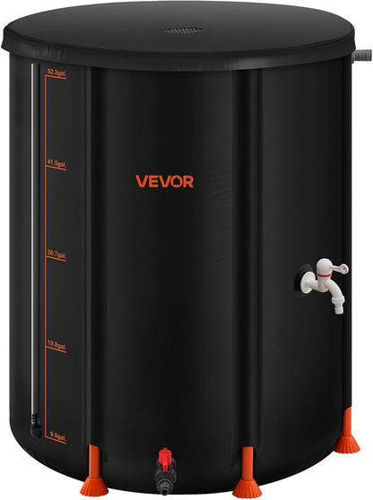 VEVOR Collapsible Rain Barrel, 53 Gallon Portable Rain Water Collection Barrel, 1000D PVC Rainwater Collection System, Garden Water Catcher Tank Storage Container with Spigot & Overflow Kit, Black