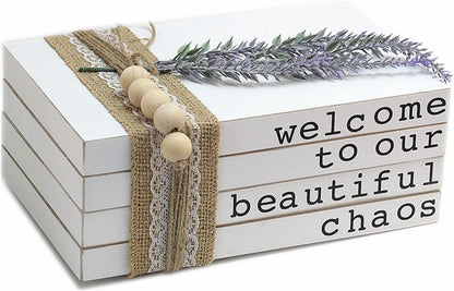Lavender Inspired Welcome to Our Beautiful Chaos - Rustic Farmhouse Stacked Books - Set of 4 Wooden Book Bundle - Farmhouse Home Decor - Housewarming Gift