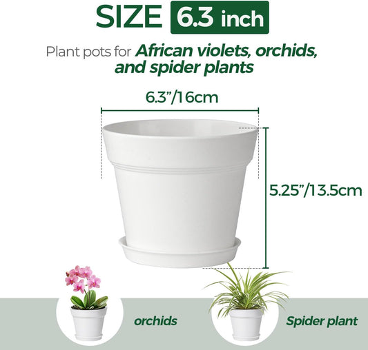 T4U 6 Inch Plant Pot 8-Pack, Plastic Planter with Drainage Hole and Saucer, Decorative Nursery Pots Bulk for African Violet, Snake Plant, Succulent, Herb and Plants Indoor (8 Pcs 6" Pots, White)