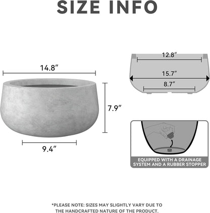 Kante 15.7" Dia Round Concrete Planter, Outdoor Indoor Garden Plant Pots with Drainage Hole and Rubber Plug, Modern Curvaceous Design, Natural Concrete