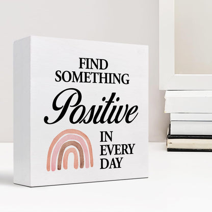 Z-crange Find Something Positive in Every Day Boho Rainbow Wood Block Sign, Rustic Inspirational Wooden Box Plaque for Home College Office Shelf Table Decor