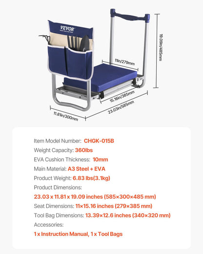 VEVOR Large Folding Garden Kneeler and Seat Heavy Duty, Widened 10" EVA Foam Pad, Portable Garden Stool with Tool Bags, Gardening Bench to Relieve Knee & Back Pain, Gifts for Seniors, Women, Parents
