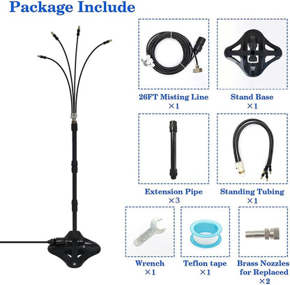 UR Forest Updated Standing Misting Cooling System 26FT Misting Line + 4 Brass Misting Nozzles,4 Height Option, Stand Mister Hose for Outside Outdoor Patio, Pet Cooling, Kids Water Playing