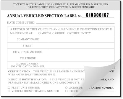 Annual Vehicle Inspection Report Form with Red Exterior Aluminum Inspection Label (6"x3.5"), and White Interior Inspection Label (5"x4") 25-pk