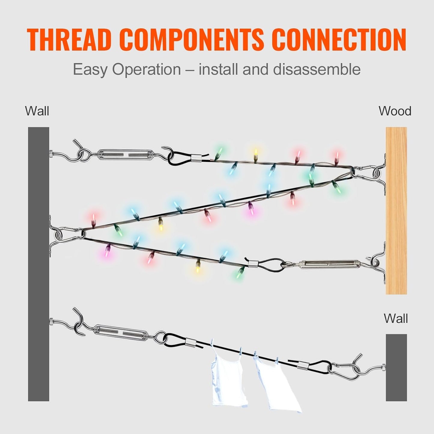 VEVOR Vinyl Coated Wire Rope Kit, 3/32 Cable Through 1/16 Diameter Stainless Steel, 7x7 Strands Construction with 189 Accessories for String Lights, Clothesline, Vine, 164 ft Black