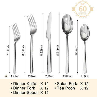 KINGSTONE Silverware Set, 60-Piece Forged Flatware Set Cutlery Set Premium Stainless Steel, Service for 12, for Kitchen, Home, Wedding, Party, Mirror Polished and Dishwasher Safe