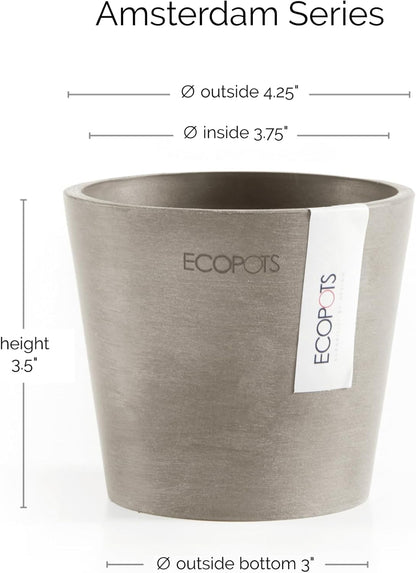 Ecopots Amsterdam Mini Durable Modern Round Recycled-Based Composite Flower Pot Planter, Taupe, 4"