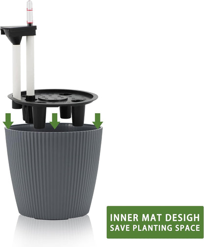Dexceder 9x8 Self Watering Planters Indoor, Inner Mat Design, Table Flower Plant Pot with Water Level Indicator (2 Pack, Gray)