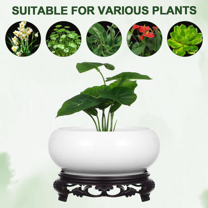 Ceramic Chinese Pot with Base White Water Lily Bowl 6Inch Porcelain Lotus Pot Jardiniere Planter Oriental Fish Bowl Bonsai Vase