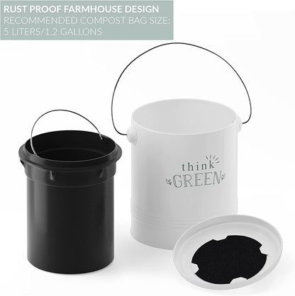 Barnyard Designs Compost Bin for Kitchen Counter - 1.2 Gallon Countertop Composter with Extra Smell-Absorbing Filters and Inner Bucket for Easy Cleaning - Food Waste Bin for Kitchen with Lid (White)
