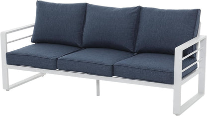 Patiorama Aluminum Patio Furniture Set, Outdoor Patio 3-Seater Sofa, 3 Seats Couch, All Weather White Metal Chair with Olefin Cushion, Deep Seating, 800 lbs Capacity, Deck, Garden-Blue Cushion
