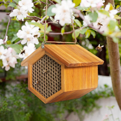 Mason Bee House Wax Coated Bee Hotel, Pollinator House Waterproof, Natural Handmade Wooden Mason Bee Hotel for Pollinating Bees Garden Supplies