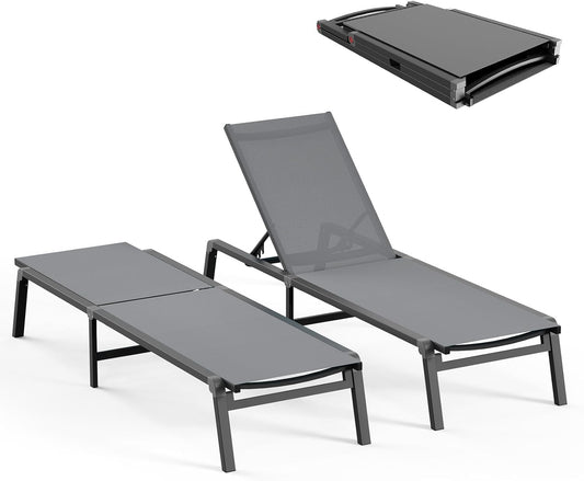 Patio Chaise Lounge Chair, Foldable Lounge Chair for Outside, Aluminum Chairs Set of 2 with 5 Adjustable Backrest, Outdoor Pool Lounger for Poolside, Lawn, Deck, Grey