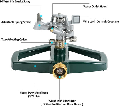 STYDDI Heavy Duty Impact Pulsating Sprinkler for Yard, All Metal Adjustable Rotating Circular Impulse Lawn Sprinkler for Medium to Large Areas, Lawn and Garden, Coverage up to 5,800 Sq. Ft