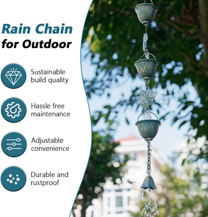 9.2 FT Rain Chain, Metal Rain Gutter Chains with 12 Cups & Detachable Ladybugs Decor, Adjustable Rain Catcher Chain with Bell for Outddor Decor, Replacement for Downspout