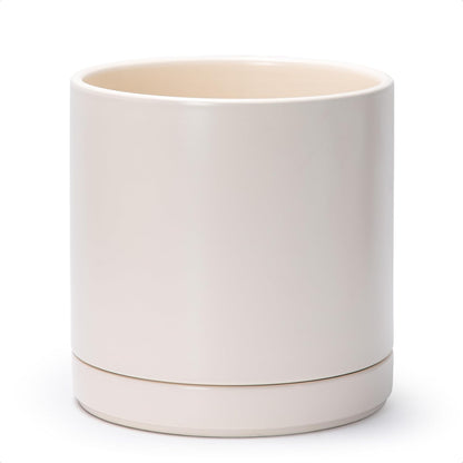 D'vine Dev 10 Inch Ceramic Planter Pot with Drainage Hole and Saucer, Indoor Cylinder Round Planter Pot, Oatmeal, 94-O-E-8