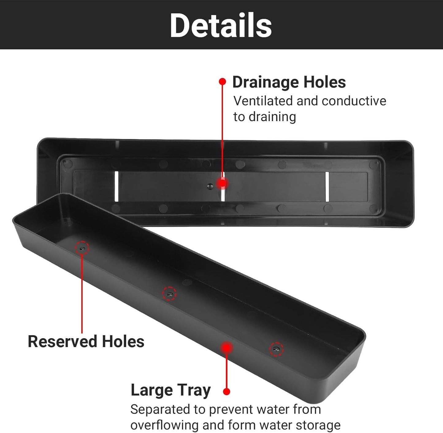 GREANER Rectangle Window Boxes, 6PCS 16x3.8 Inch Black Herb Planters with RemovableTray and Drainage Hole, Succulent Flowers Plastic Pot for Balcony, Office, Windowsill, Garden, Outdoor Decoration Use
