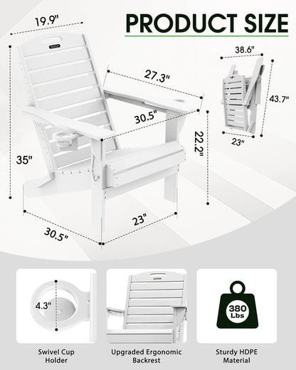 Folding Adirondack Chair HDPE All-Weather Adirondack Chairs with Cup Holder, Outdoor Fire Pit Chairs Lawn Chair for Deck Patio Garden (White)