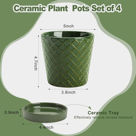 EFISPSS Ceramic Plant Pots, 5 Inch Planters with Drainage Holes and Ceramic Tray, Relief Design Flower Planter, Desktop Office Windowsill Decoration Gift Set of 4 - Blackish Green