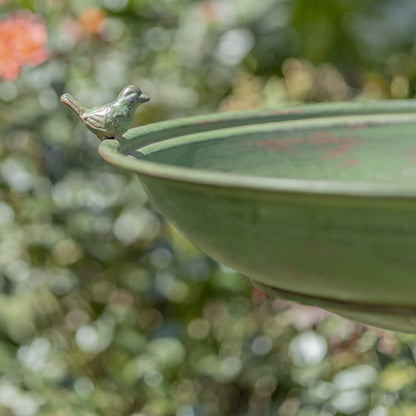 Zaer Ltd. Ornate Metal Pedestal Style Birdbath with Cast Iron Birds on Rim Full Base (Green)