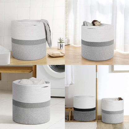 TIMEYARD Woven Cotton Rope Plant Basket for 10" Flower Pot Floor Indoor Planters, 11” x 11” Storage Basket Organizer Modern Home Decor, Grey and White Stripes