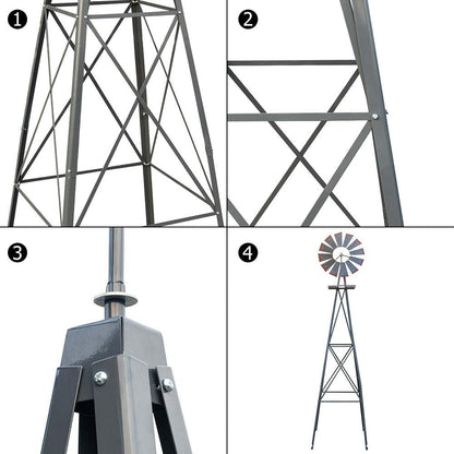 8FT Windmill for Yard Garden Decoration with Weather Vanes，Heavy Duty Outdoor Wind Mills, Large Metal Outdoor Windmill,Weather Resistant,Gray