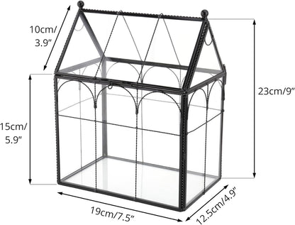 NCYP Black Glass Terrarium with Lid, Indoor Geometric Planter for Cacti, Air Plants, Succulents, Insect, Snail, House Shape Closed Box 7.5" x 4.9" x 9" (No Plant Included)