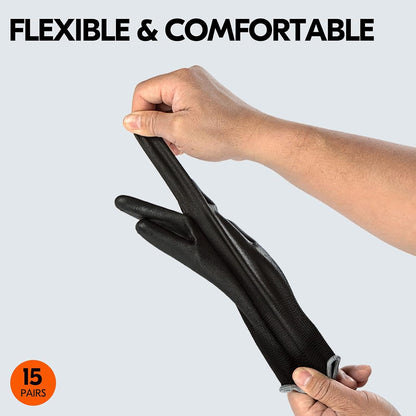 Vgo... 15-Pairs Safety Work Gloves, Gardening Gloves, Polyurethane Coated, Dipping Gloves, Latex Free (Size M, Black, PU2103)