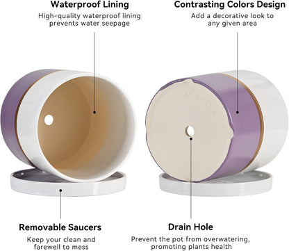 Ekirlin 5 inch Plant Pot - Ceramic Flower Planters Indoor - Modern Succulents Containers with Drain Hole Saucer, Decorate Home, Office & Outdoor (Purple)