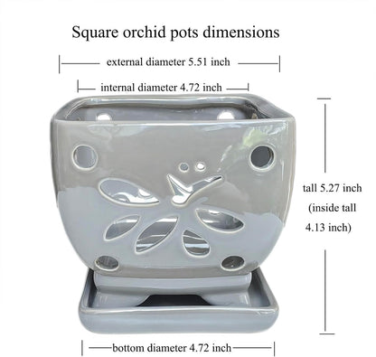 Orchid Pots with Holes Square Ceramic Orchid Planter Pots 5.5 inch (Gray)