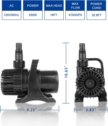 OYO WATER Outdoor Large 4700gph-250W 32.8FT Pond Water-fall & Kio Fish Fountain-s &Garden Pump Submersible IPX8: Long 32.8FT Cord Smart-er & Quieter Duck & Yard& Patio Ponds Pumps, 1 Barrier Pump Bag