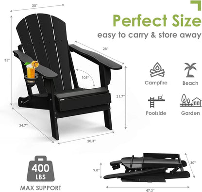 GREENVINES Folding-Adirondack-Chairs-Set-of-6 | HDPE Plastic | Fire Pit Chair | All Weather | Cup Holder | Black | for Deck Backyard Patio Outdoor Garden