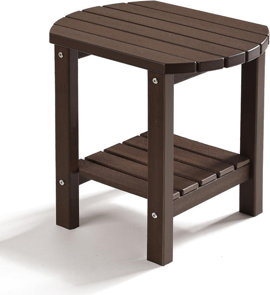 PASAMIC Outdoor Side Table, HDPE Adirondack Oval Side Table with 2-Tier Storage, Weather Resistant Outdoor End Table for Patio, Backyard, Pool, Indoor Companion, Beach, Easy Maintenance Table (Brown)