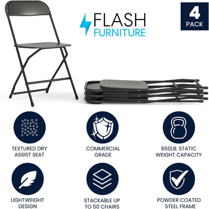 Flash Furniture Hercules Series Plastic Folding Chairs for Parties and Weddings, Stackable Commercial Event Seats with 650-lb. Static Weight Capacity, Set of 4, Black