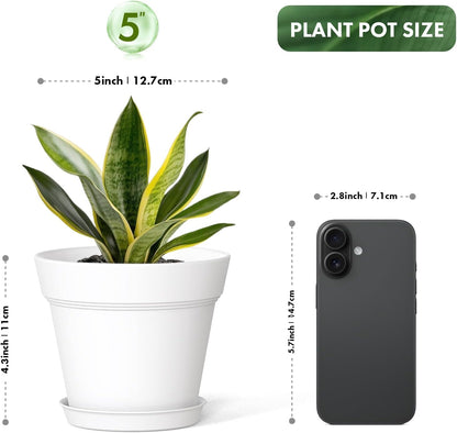 5 Inch Plastic Plant Pots with Drainage Holes and Trays – 6 Pack Small Nursery Pots for Indoor & Outdoor House Plants and Flowers, Seedling Starter Planters, White