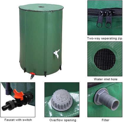 132 Gallon Collapsible Rain Barrel, Portable Rainwater Collection System, Water Storage Tank, Rain Catcher Barrel with Two Spigots and Overflow Kit, Rain Water Barrel Collector for Garden, Green