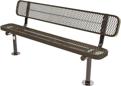 Coated Outdoor Furniture Heavy-Duty Outdoor Bench Thermoplastic Coated, Expanded Metal, Commercial-Grade Seating, Made in America (Surface with Back, 6 Ft, Textured Brown)