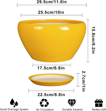 Indoor Planter 11 Inch - Decorative Mid-Century Large Ceramic Plant Pot for Outdoor Plants with Drainage Hole and Saucer, Home Balcony House Garden Patio Office Room Decor, Yellow