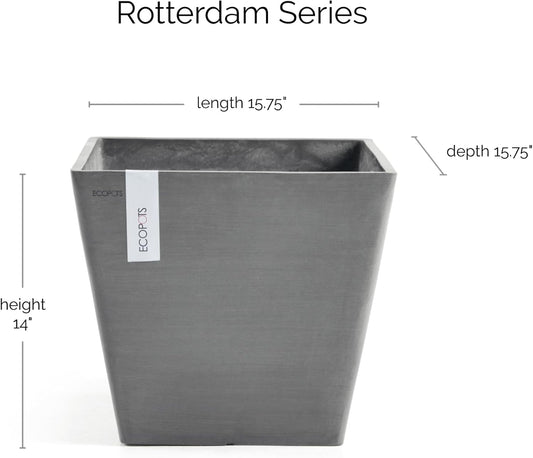 Ecopots Rotterdam Durable Modern Square Indoor/Outdoor Recycled-Based Composite Flower Planter, Grey, 15.75"