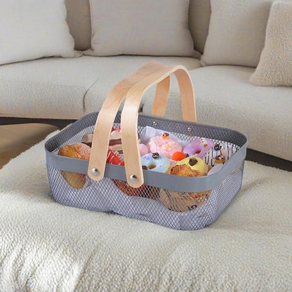 Metal Mesh Steel Basket, Storage Organizer Basket Garden Harvest Basket Multi-functional Kitchen Fruit Baskets Bin with Wooden Handle for Bathroom Picnic Shopping Decor Cabinet Home, Grey