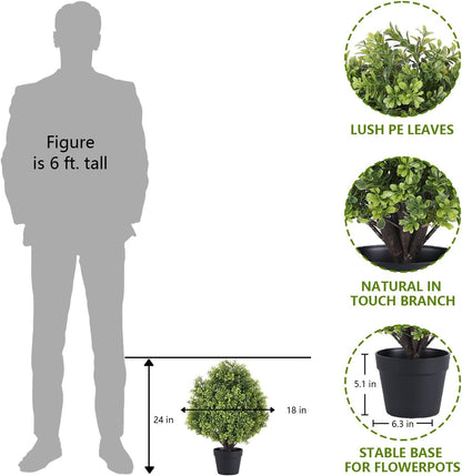 THE BLOOM TIMES 2ft Faux Boxwood Plants Outdoor Set of 2, Topiary Balls Artificial Outside Trees, 24" UV Resistant Fake Greenery Bushes & Shrubs for Front Porch Planter
