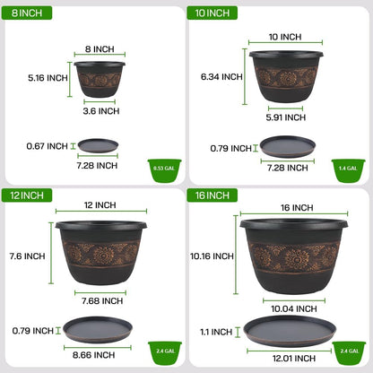 6 Pack 8 inch Plant Pots, Retro Pattern Planters with Drainage Holes and Saucer, Sturdy Plastic Garden Flower Pots for Indoor & Outdoor Plants