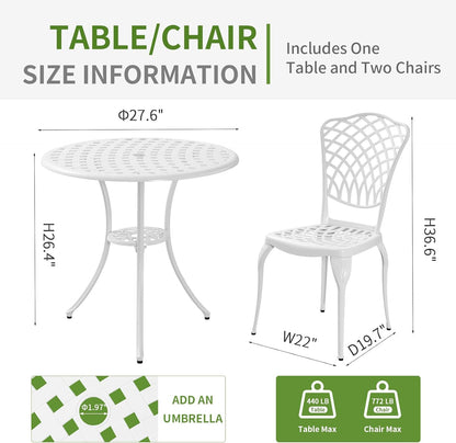 Cast Aluminum Bistro Set 3 Piece Outdoor, Patio Bistro Set White, Patio Conversation Table with 2 Piece Chairs, Bistro Table and Chairs Set of 2 for Garden Porch Porch,1.97" Umbrella Hole,
