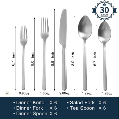 KINGSTONE 30 Pieces Silverware Set, Flatware Cutlery Set for 6, 18/10 Stainless Steel Silverware Utensils Minimalist Design Dishwasher Safe, Matte Silver