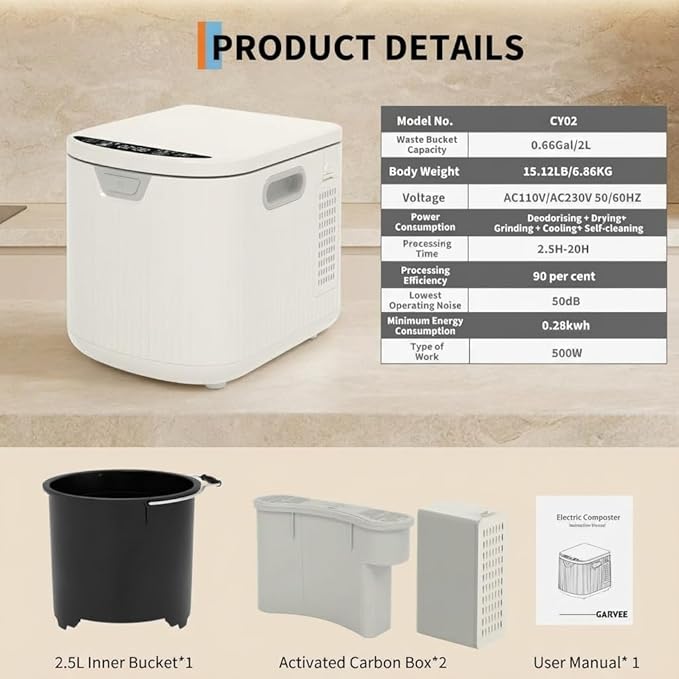2.5L Electric Countertop Compost Bin, Food Cycler with Auto-Clean & LED Display, Quiet Odor-Free Food Waste Recycler for Kitchen, Turns Scraps into Fertilizer for Garden