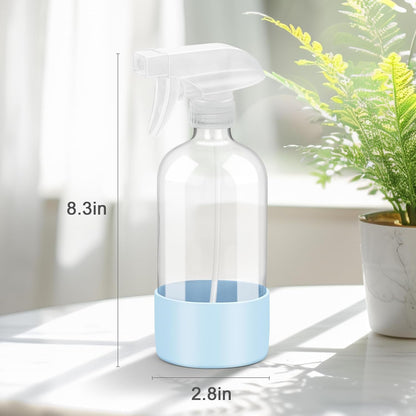 2 Pack Glass Spray Bottles with Silicone Sleeve, 16 oz Empty Refillable Containers with Adjustable Spray Nozzles, Spray Bottles for Hair, Cleaning Solutions and Plants Blue&Pink