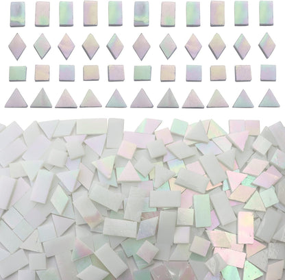 Iridescent White Glass Mosaic Tiles for Crafts, 280 Pcs Mixed 4 Shapes Stained Glass Sheets, Mosaic Kit for Adults Kids, Supplies for Mosaics
